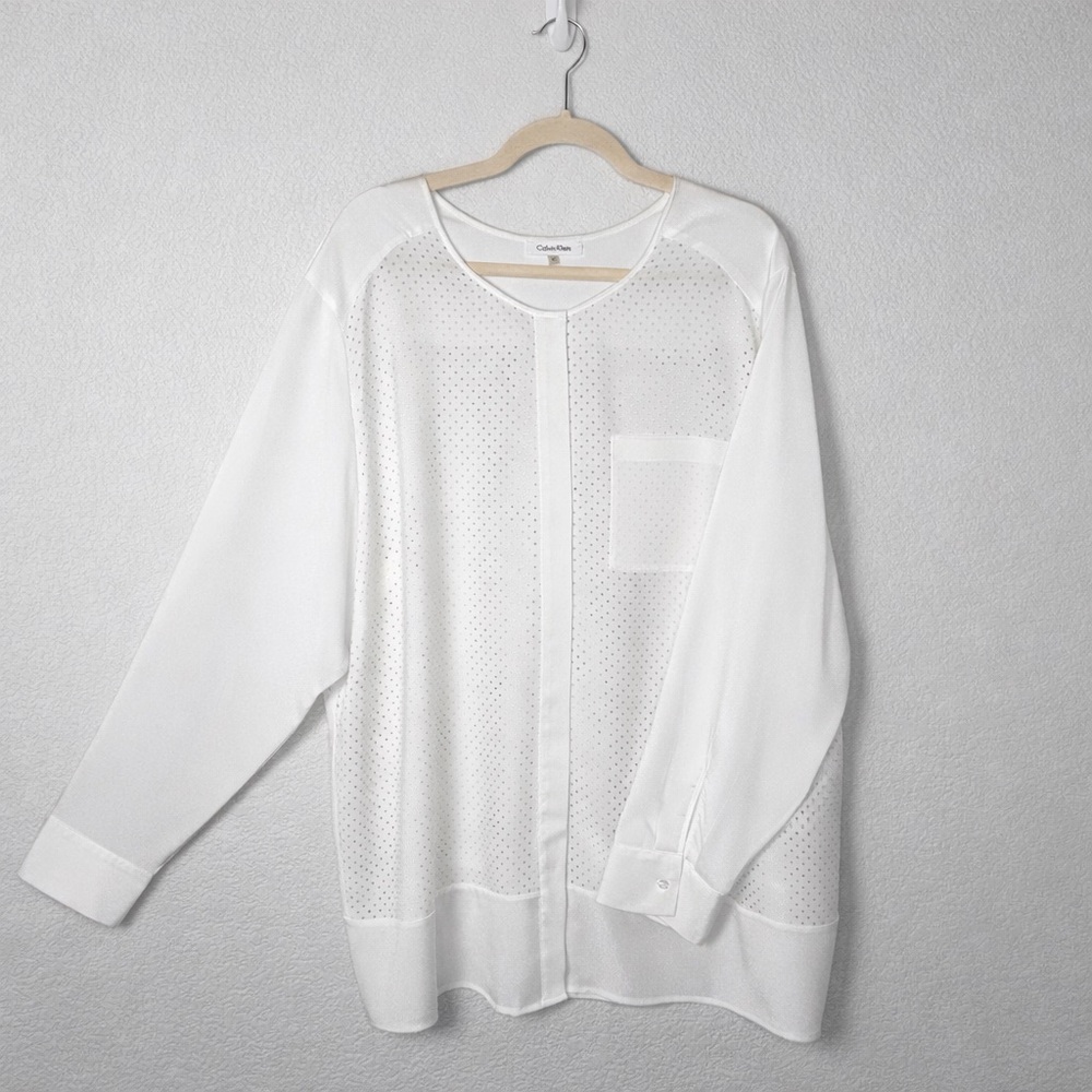 Calvin Klein White Button-up Tunic Style Top Woman’s Plus 3X Sheer Oversized
